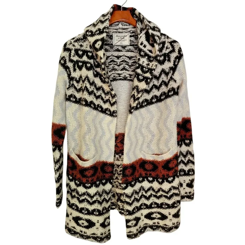 Abercrombie & Fitch Tribal & Geometric Pattern Open Knit Sweater with Hood